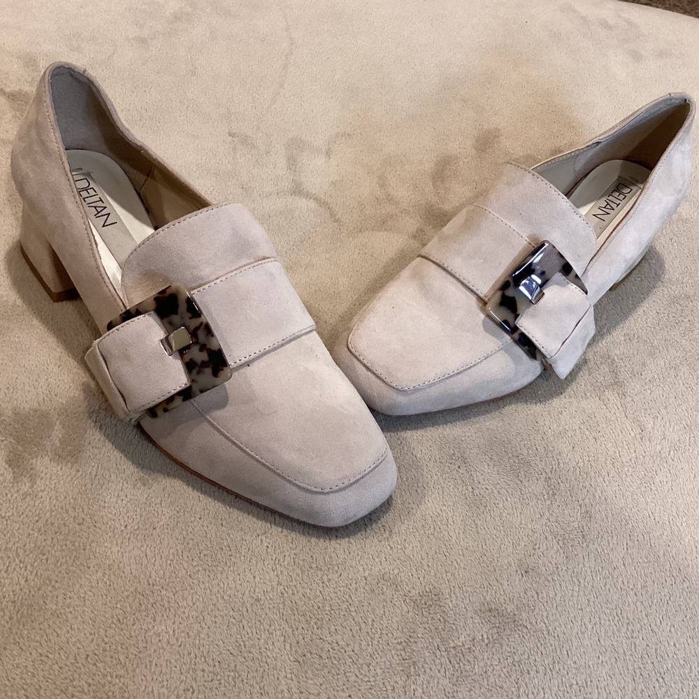 Deltan "Veronica" Beige Genuine Suede Buckle‎ Loafers, Size US 8, UK 6, EU 39